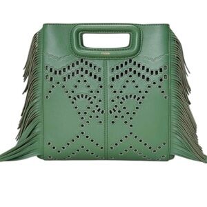 Maje Green Perforated Fringed Leather M Bag Convertible Clutch or Crossbody NWT